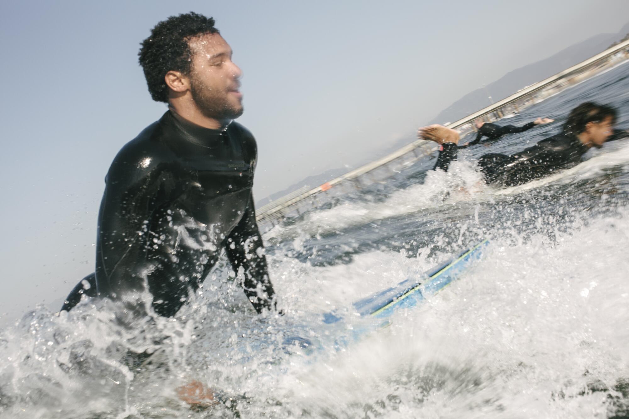 DeVante Von Deschwaden bails out of a closeout wave during a morning surf session on Saturday, March 13, 2021.