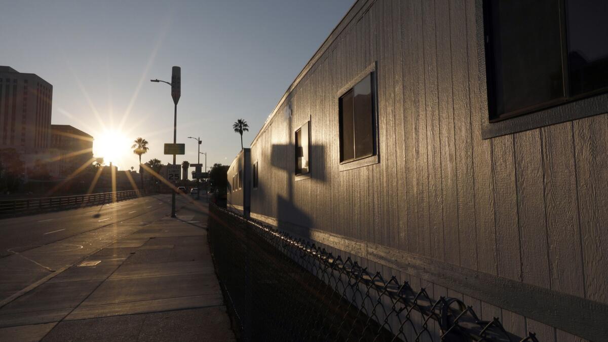 The trailers that form an emergency homeless shelter near the corner of Arcadia and Alameda streets in downtown L.A. The site will serve as a model for similar shelters throughout the city.