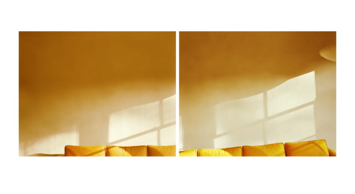 Two photos of the top part of a yellow couch in a sunlit room