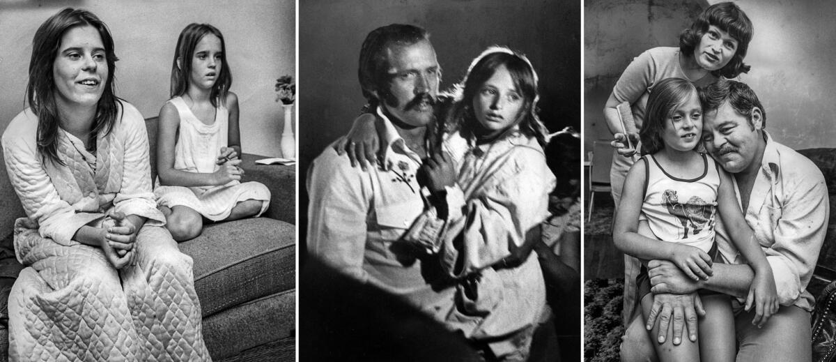 July 17, 1976: Kidnap victims Judy Reynolds, 13, and her sister Rebecca, 9, left photo, at home. At center is an unidentified parent with rescued victim. At right, Mr. and Mrs. Bill Parker with daughter Barbara at home.