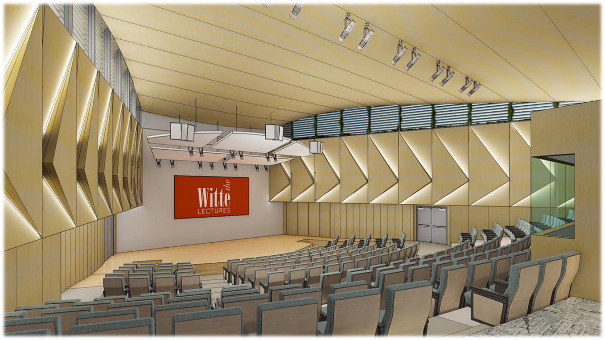 A conceptual drawing of the interior of the auditorium for the proposed library lecture hall project.