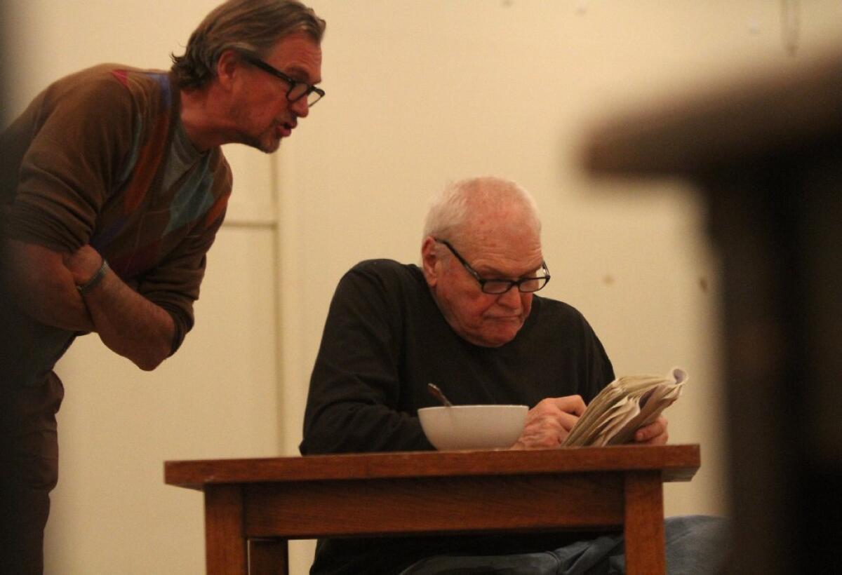 Brian Dennehy, right, with son-in-law James Lancaster during a rehearsal for the Mark Taper Forum's production of "The Steward of Christendom." They'll team up for a benefit performance of scenes from other plays for the Los Angeles County High School for the Arts, attended by Dennehy's grandsons.
