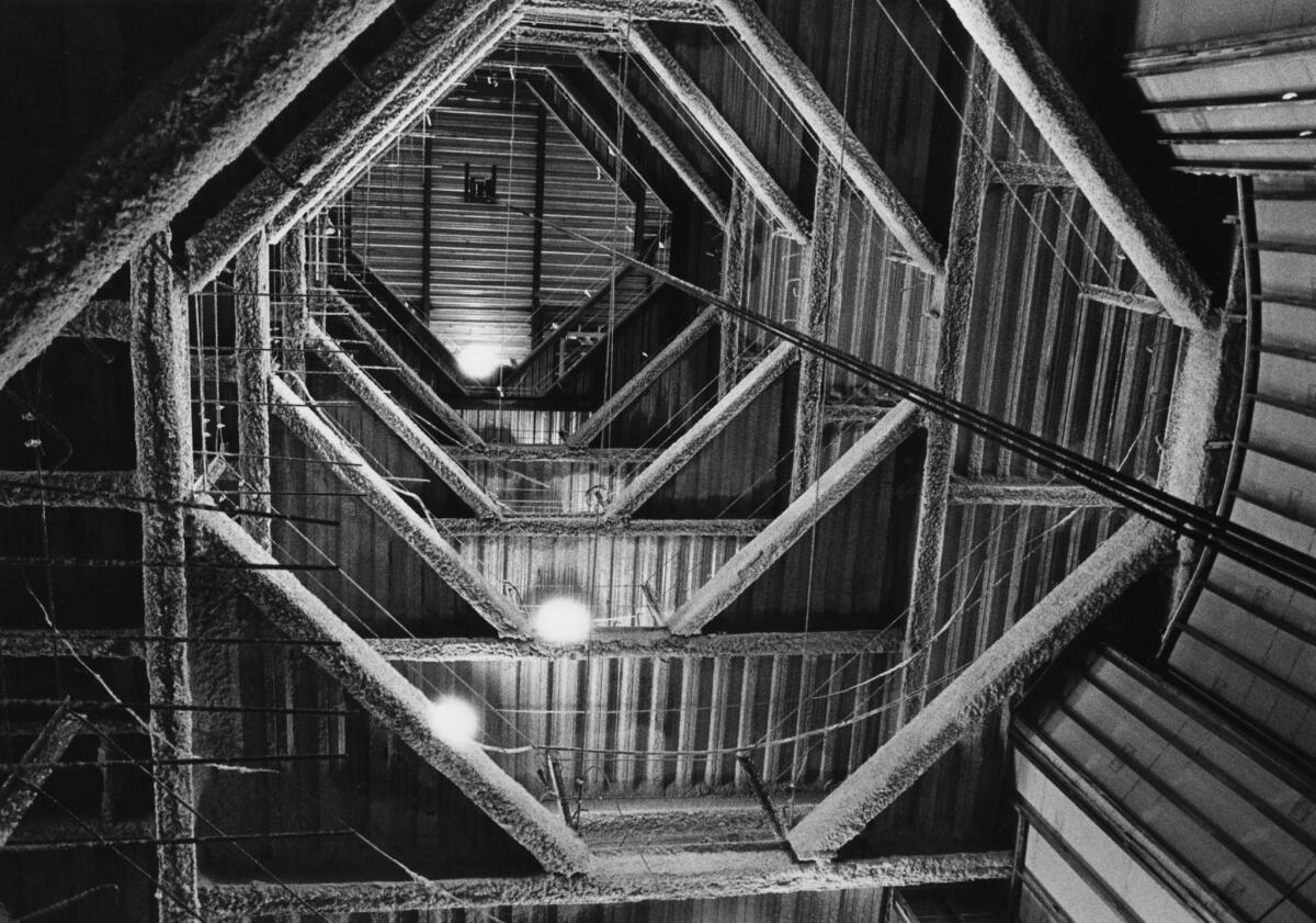 March 3, 1989: Looking up from the 27th floor of the 73-story Library Tower, also known as First Interstate World Center, while under construction.