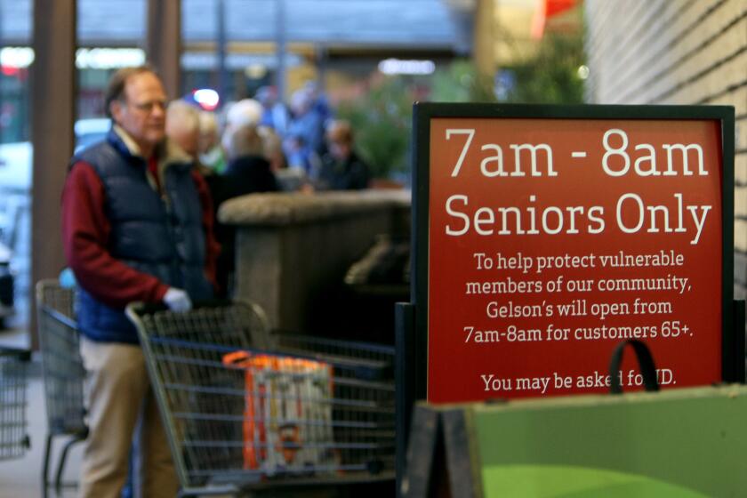 About 150 seniors were in line by 7 am. at Gelson's in La Canada Flintridge, on Friday, March 20, 2020. The store policy now is only seniors 65 and older can shop from 7am to 8 am.