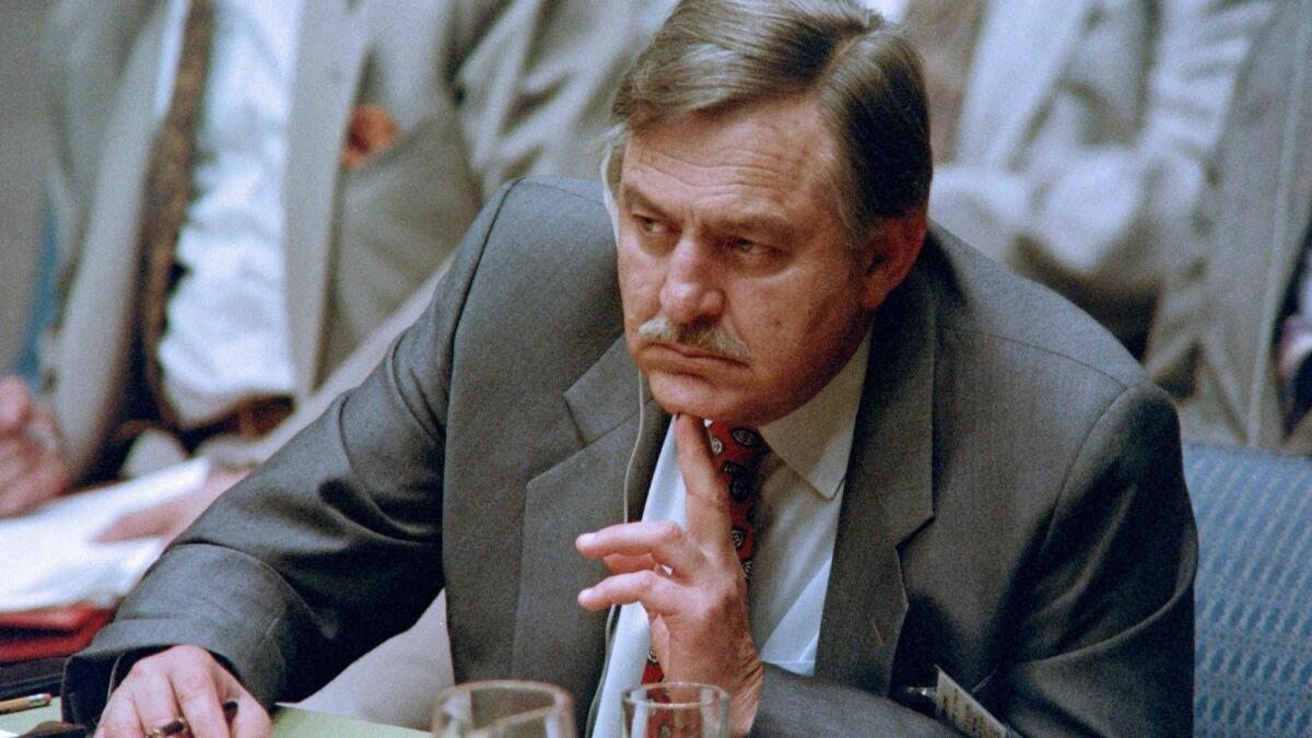 Roelof "Pik" Botha listens to a speech by Nelson Mandela to the U.N. Security Council on July 15, 1992. Botha died Friday at the age of 86.