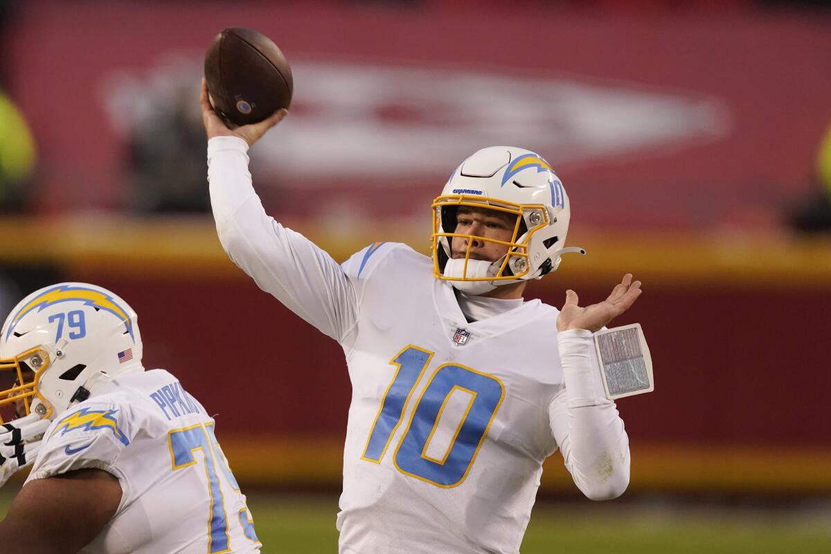 Chargers quarterback Justin Herbert throws a pass during the first half against the Kansas City Chiefs.