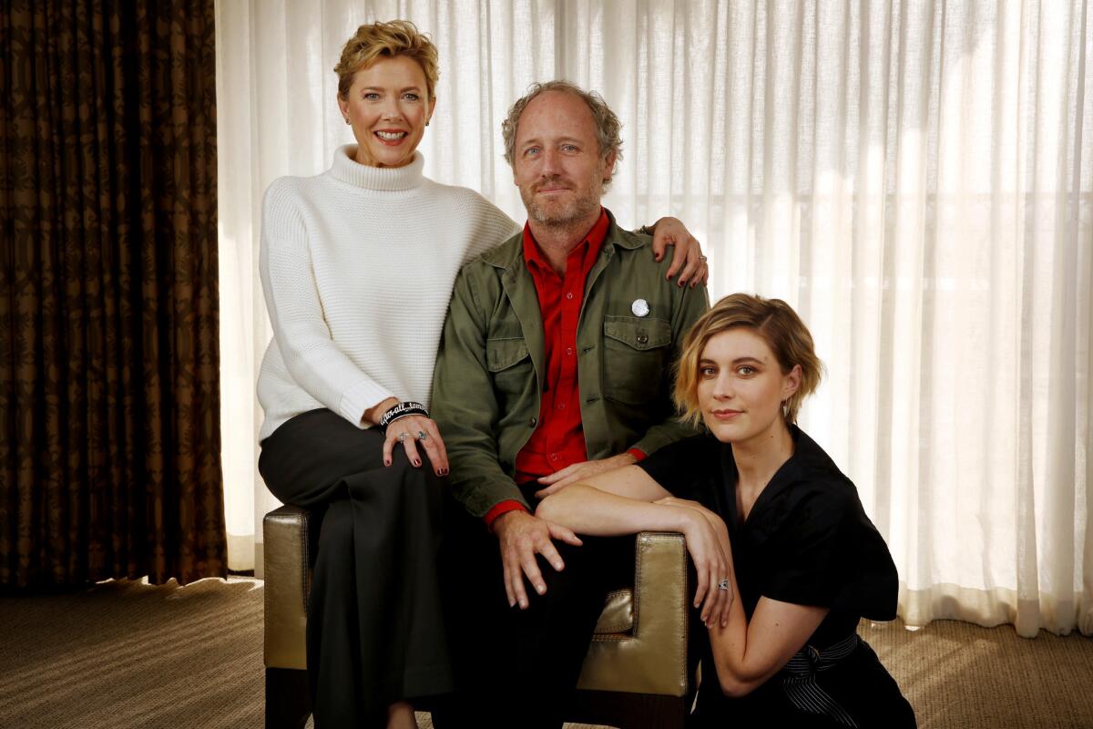 Actresses Annette Bening, left, and Greta Gerwig with writer/director Mike Mills for "20th Century Women."