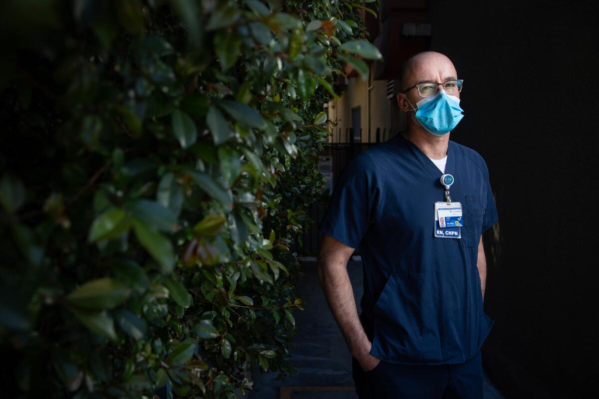 Gary Blunt, a palliative care coordinator at Providence Cedars-Sinai Tarzana Medical Center, has been “taken aback at times” by the end-of-life scenes wrought by the coronavirus.
