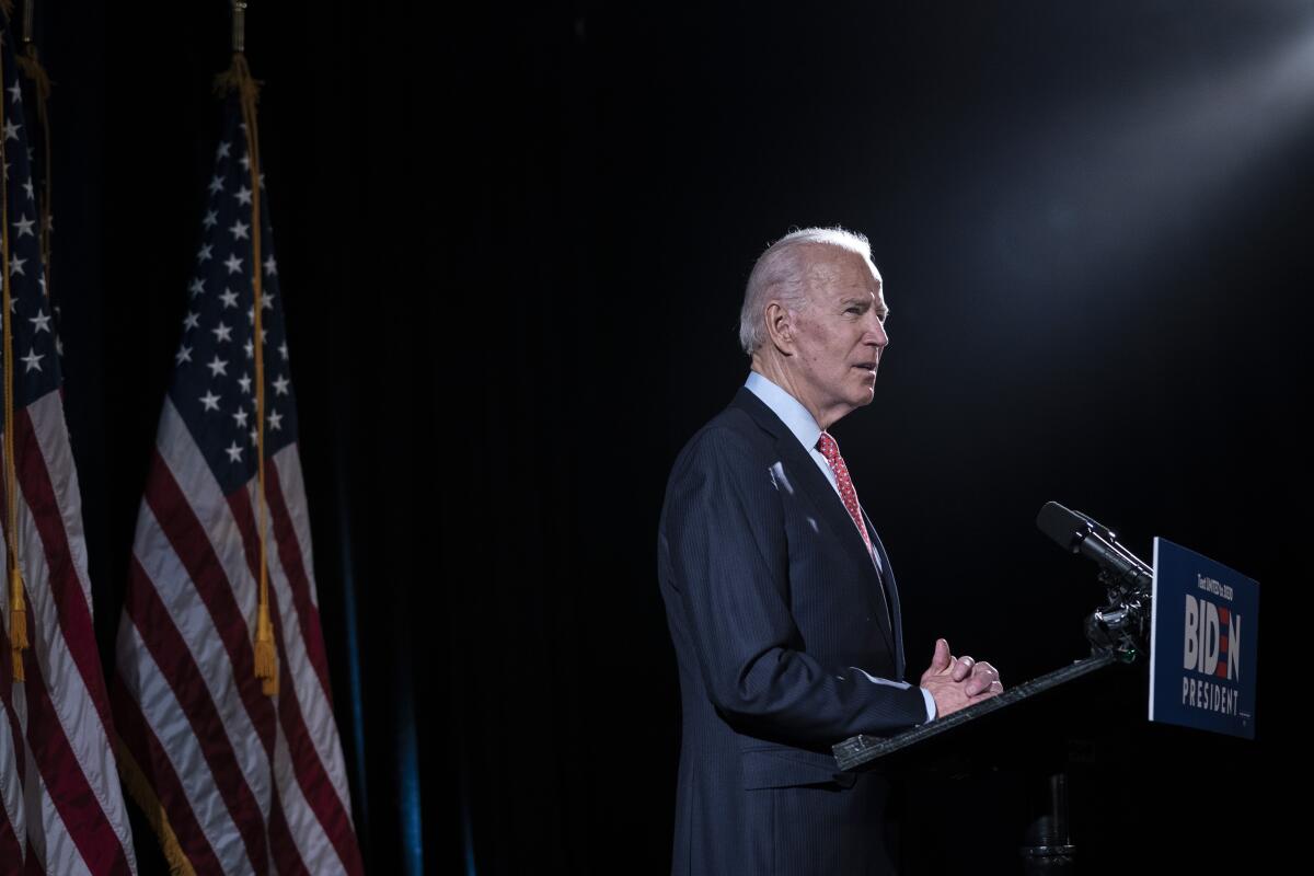 Joe Biden speaks about the coronavirus on March 12 in Wilmington, Del.