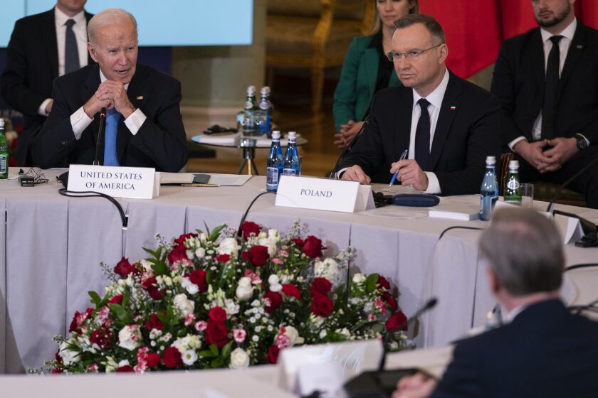 President Joe Biden speaks during a meeting with the leaders of the Bucharest Nine, a group of nine countries that make up the eastern flank of NATO, Wednesday, Feb. 22, 2023, in Warsaw. (AP Photo/ Evan Vucci)