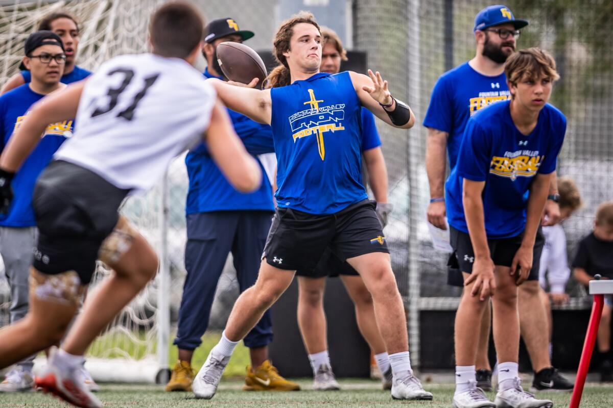 Fountain Valley quarterback Lucas Alexander makes a throw on Saturday in the Surf City Passing and Linemen Tournament.