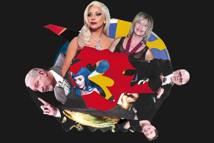 A wheel of photos of Lady Gaga, Katy Perry, Mark Geragos, Kenny Meiselas, Irving Azoff, Pebe Sebert