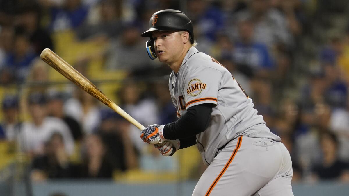 San Francisco Giants' Joc Pederson bats against the Dodgers.