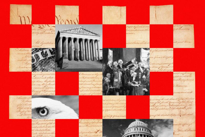 A deconstructed Constitution on top of a red background with different Washington D.C. imagery. 