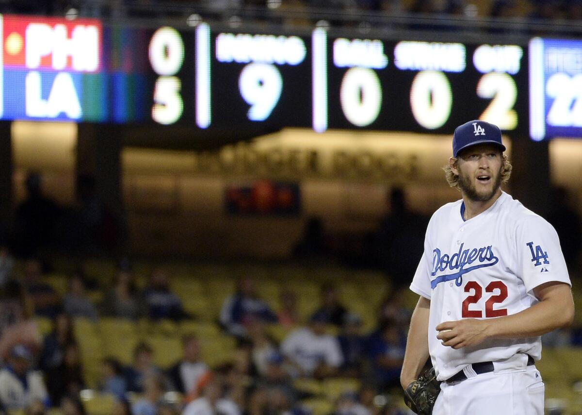 Clayton Kershaw gets ready to pitch during the ninth inning of a game Wednesday against the Philadelphia Phillies at Dodger Stadium.