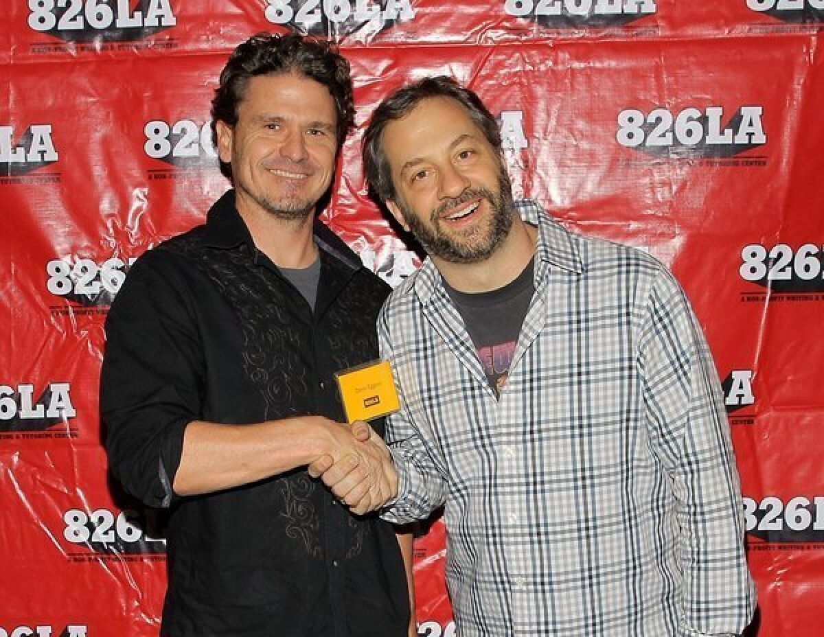 Dave Eggers, left, and Judd Apatow attend the staged reading of the screenplay to "Anchorman" as a benefit to 826LA.