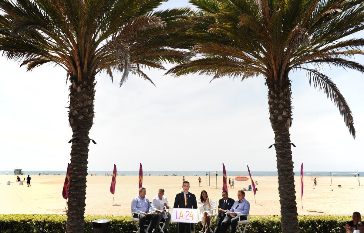 Los Angeles Mayor Eric Garcetti speaks to guests and media in Santa Monica in September to announce the City Council's approval to bid for the Olympic Games in 2024.