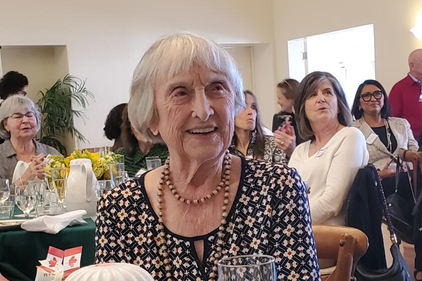Longtime La Jollan Noreen Haygood attends a party at the La Jolla Woman's Club in honor of her 100th birthday.