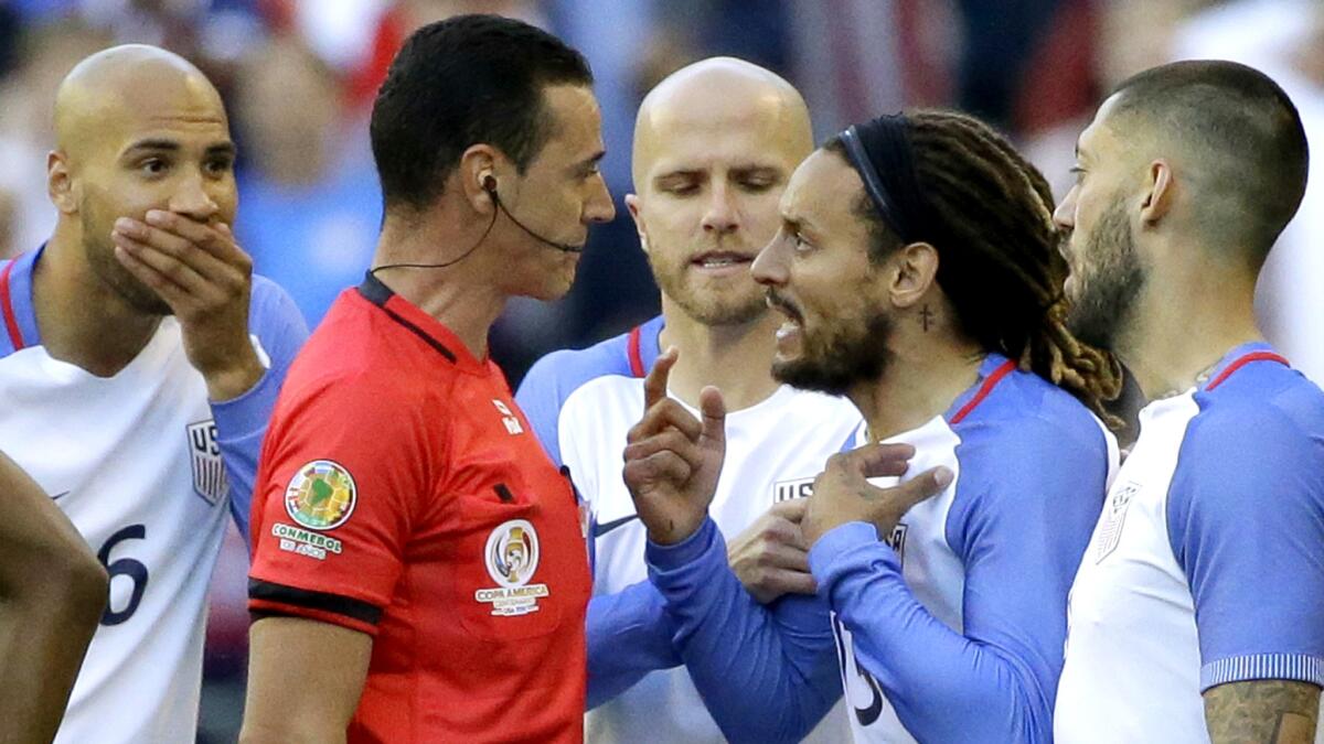 Jermaine Jones pleads his case to referee Wilmar Roldan, who issued the American midfielder a red card during the game against Ecuador on Thursday.
