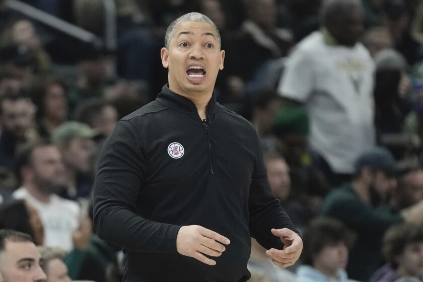 Los Angeles Clippers head coach Tyronn Lue reacts during the first half of an NBA basketball game Thursday, Feb. 2, 2023, in Milwaukee. (AP Photo/Morry Gash)