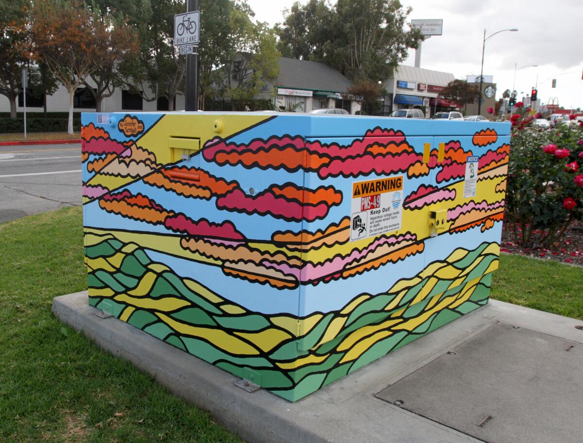 Burbank resident Jennifer Turnbull’s mural “Good Morning, Burbank” was painted on a utility box as a pilot program, on S. Beachwood Drive and Olive Avenue in Burbank.