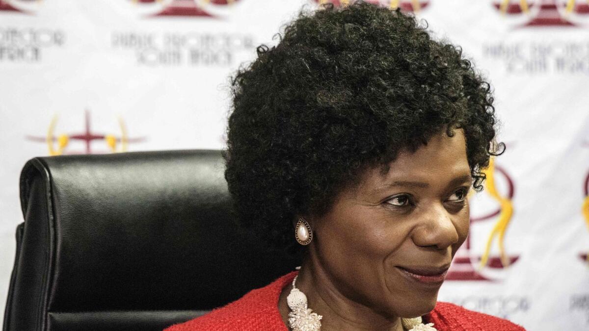 Outgoing South African Public Protector Advocate Thuli Madonsela at a news conference on Oct. 14 in Pretoria, South Africa.