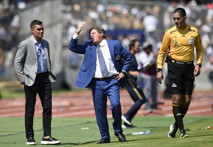 The coach of America, Miguel Herrera, gestures during the Mexican Apertura football tournament match against Pumas at the Olimpico Universitario stadium in Mexico City, on February 17, 2019.