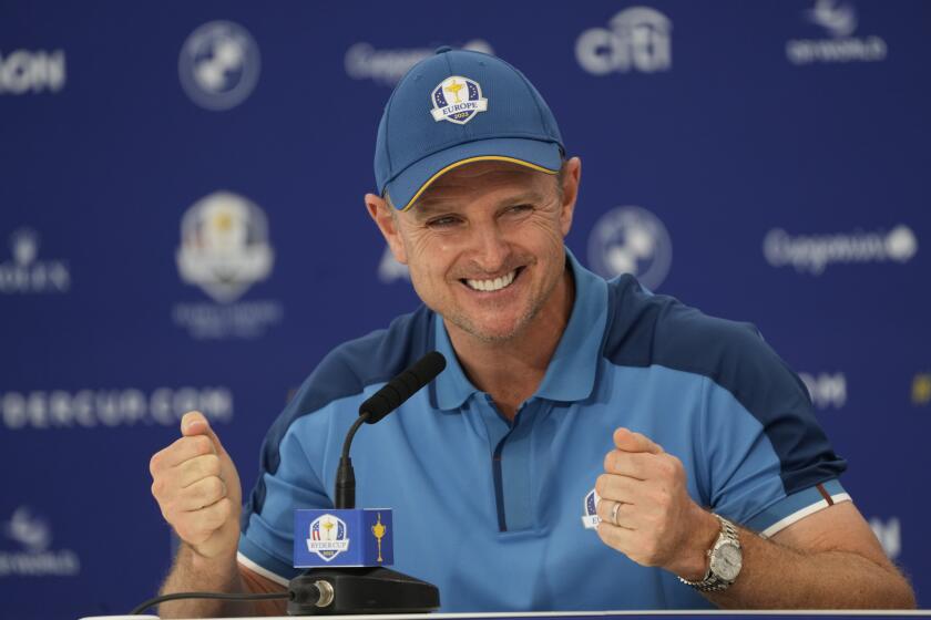 Europe's Justin Rose meets the journalists during a press conference ahead of the Ryder Cup at the Marco Simone Golf Club in Guidonia Montecelio, Italy, Wednesday, Sept. 27, 2023. The Ryder Cup starts Sept. 29, at the Marco Simone Golf Club. (AP Photo/Gregorio Borgia)