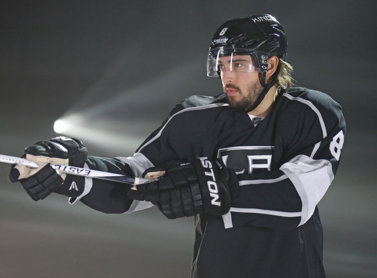 Kings defenseman Drew Doughty participates in on-ice activities while waiting for TV interviews during the 2015 NHL Player Media Tour.