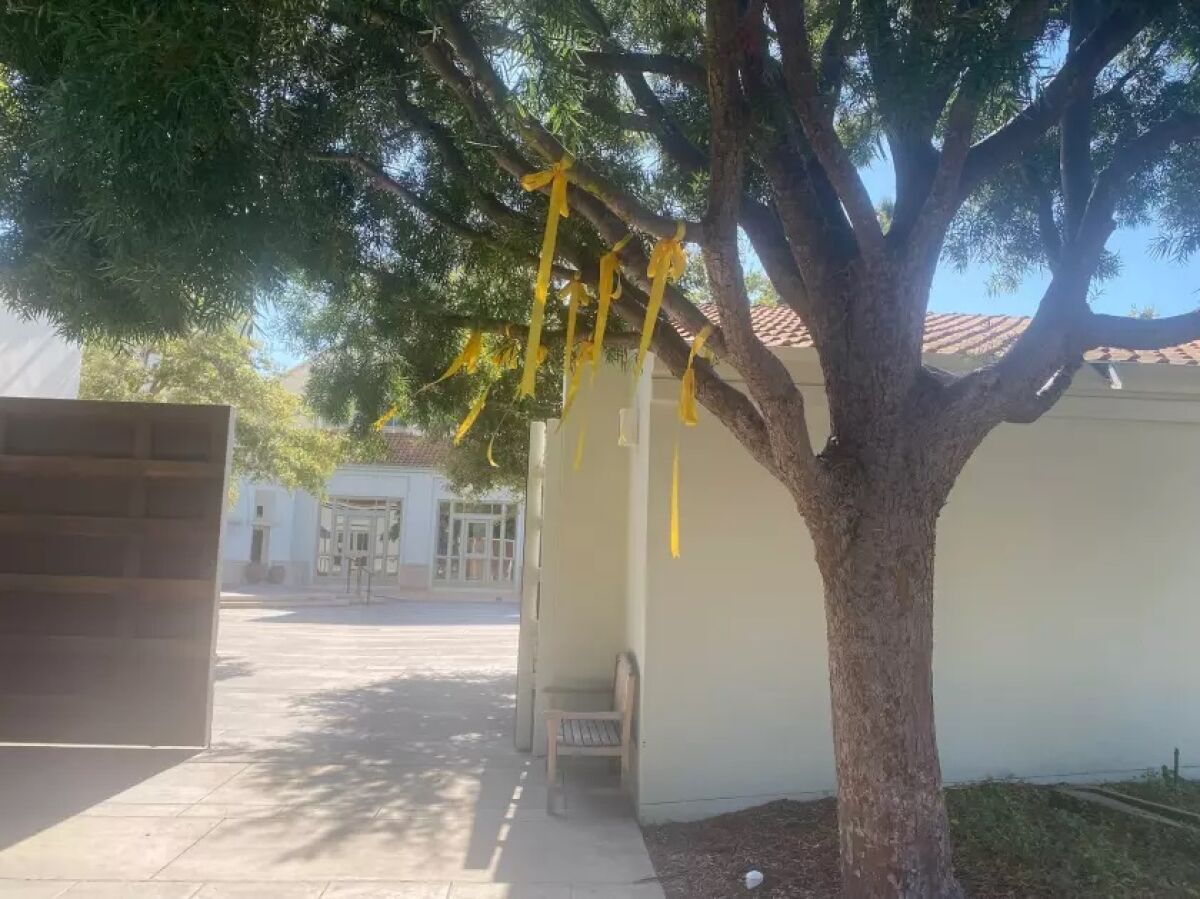 The yellow ribbons pay tribute to the 17 hostages in Haiti.