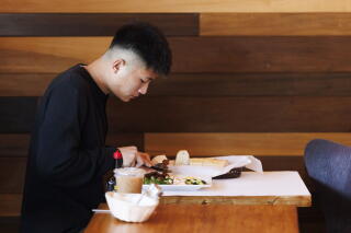 Tony Fukukawa has lunch at Coffee Factory in Westminster.