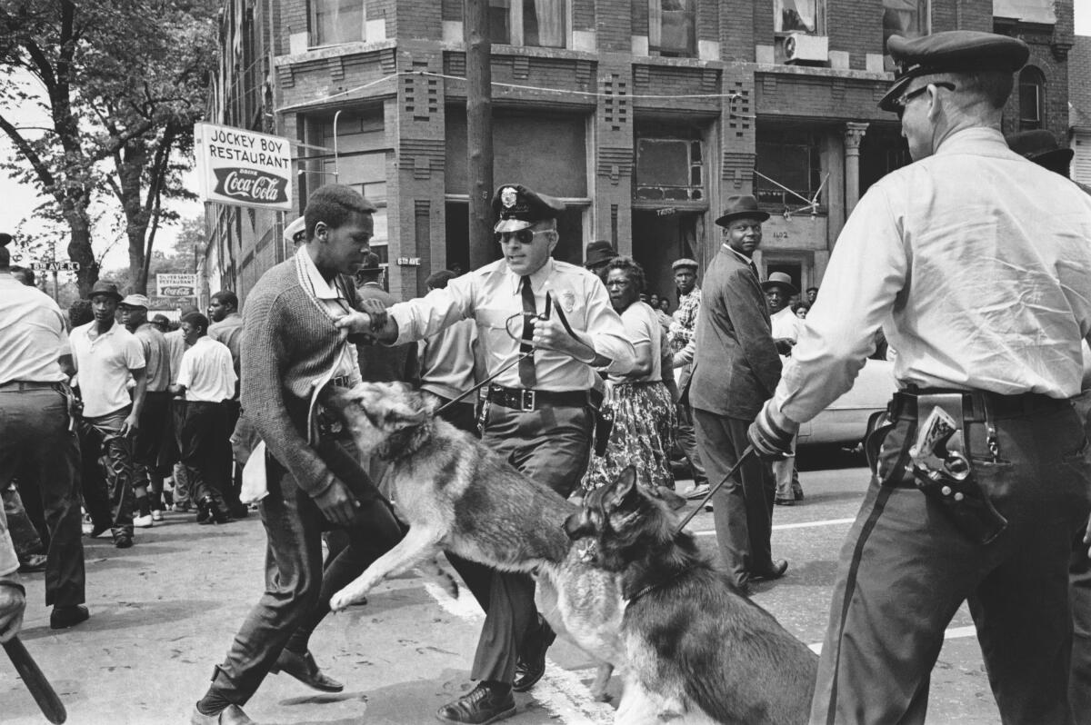A black-and-white photo of a dog lunging at a Black teenager near an officer as another officer holds on to another dog 