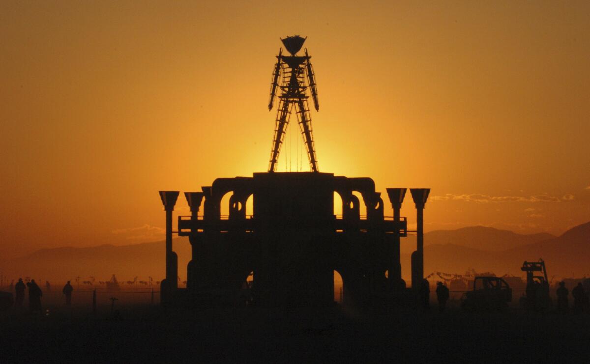 n this Sept. 2, 2006 file photo, "The Man," a stick figured symbol of the Burning Man art festival, is