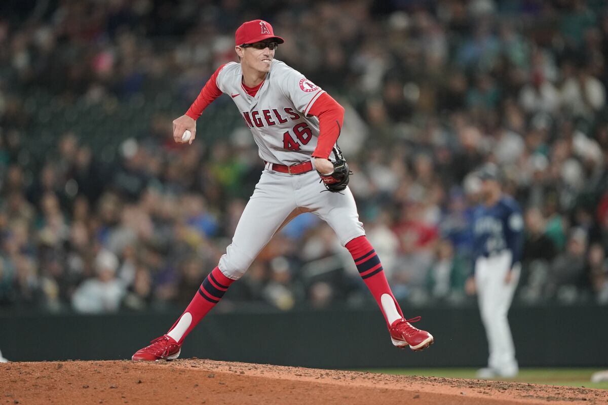 Angels relief pitcher Jimmy Herget throws against the Seattle Mariners on June 18.