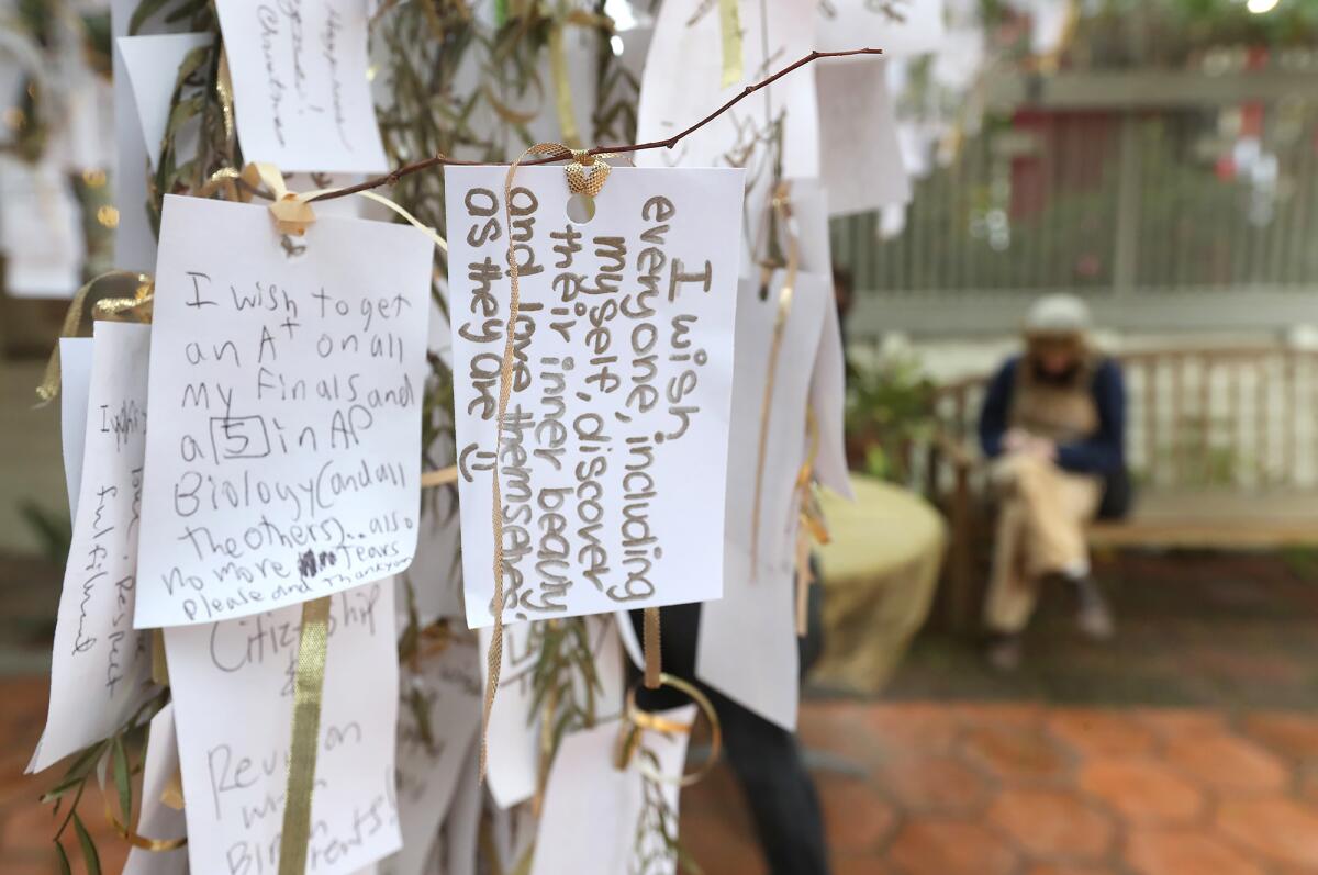 Messages hang from the Wishing Tree, a California pepper tree.