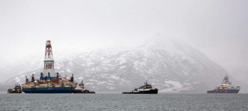 Salvage teams conduct an assessment of Shell's Kulluk drill barge in January 2013 off Alaska's Kodiak Island. Environmentalists have been concerned about the potential effects of drilling in the region.