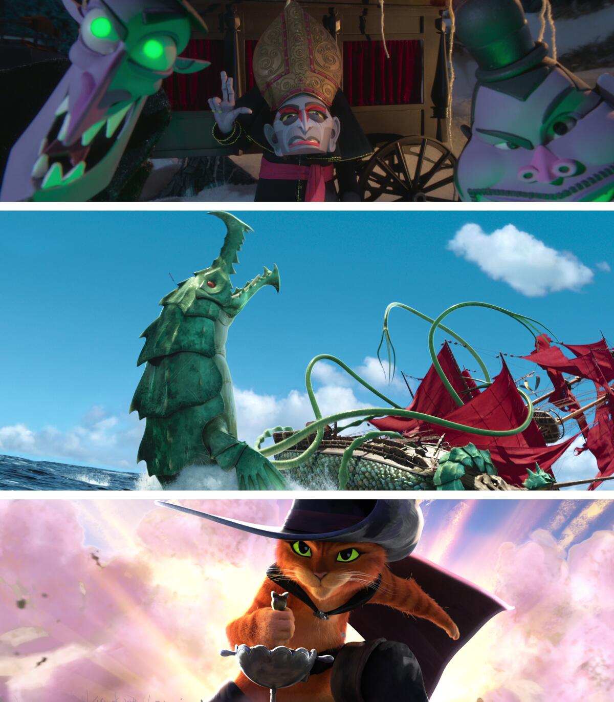 Stills from the animated features "Wendell & Wild," top, "The Sea Beast" and "Puss in Boots: The Last Wish."