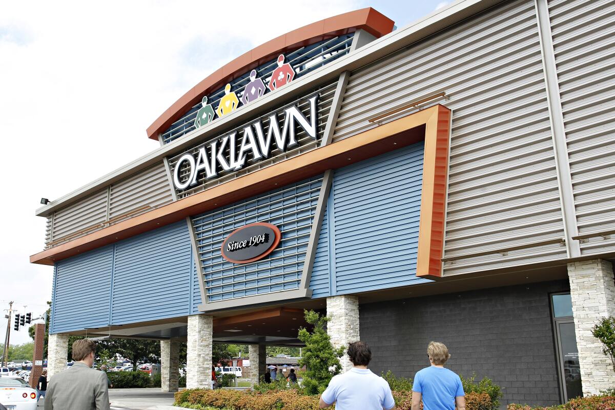 The entrance to Oaklawn in Hot Springs, Ark., is shown April 14, 2012, in Hot Springs, Ark.  