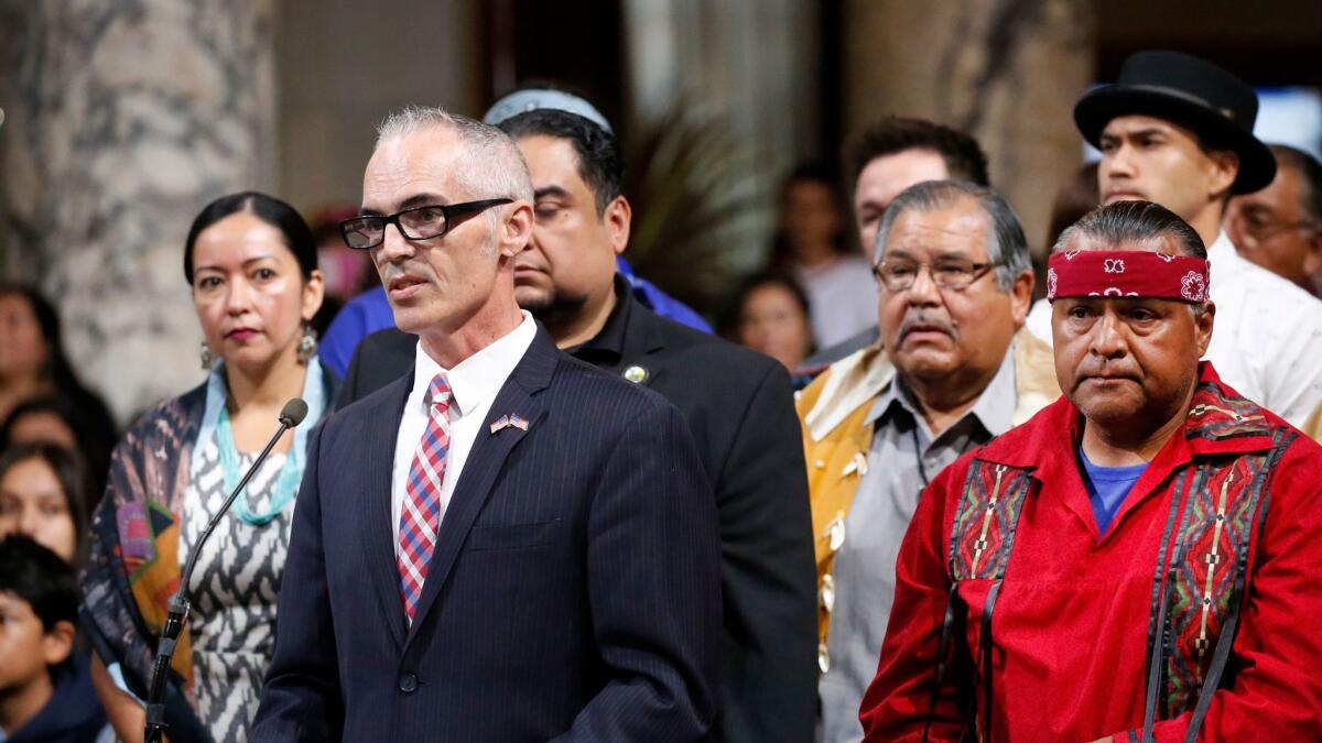 Councilman Mitch O'Farrell, pictured at City Hall in 2016, is pushing for city lawmakers to establish Indigenous Peoples Day as a new city holiday that would replace Columbus Day in L.A.