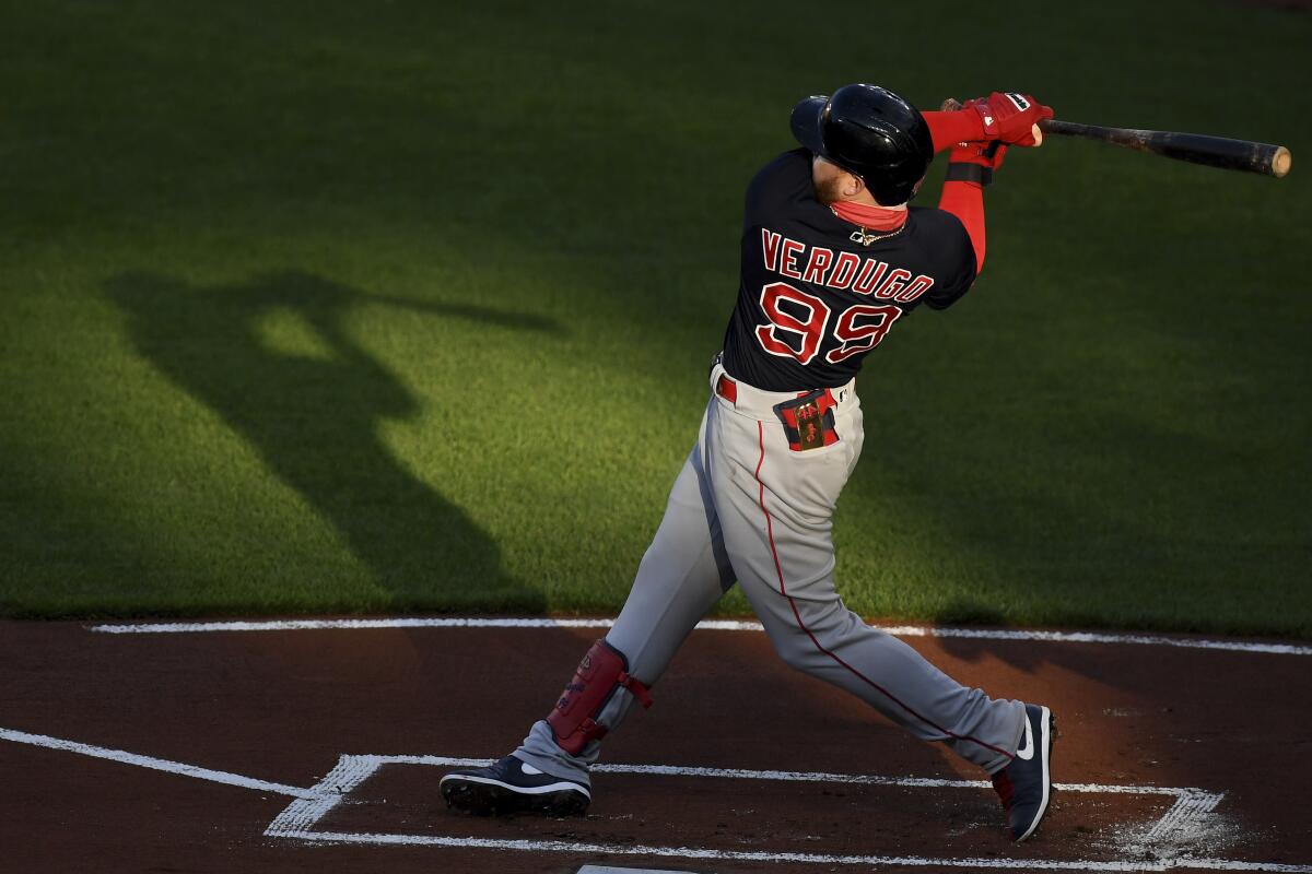 Alex Verdugo bats against the Baltimore Orioles on May 9.