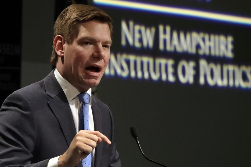 Rep. Eric Swalwell, D-Calif., speaks at a Politics & Eggs event, Monday, Feb. 25, 2019, in Manchester, N.H. Swalwell is considering a run for the Democratic presidential nomination. (AP Photo/Elise Amendola)