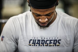 Donald Parham Jr., tight end for the Los Angeles Chargers, trains in the weight room at Stetson University on Thursday, April 7, 2022 in DeLand, Fl.. Parham played college football at Stetson. (Jacob M. Langston for the Los Angeles Times)