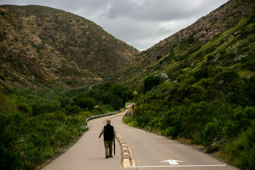A hiker heads toward the South Fortuna Peak (left) and Kwaay Paay Peak (right) at Mission Trails Regional Park on Tuesday, May 21, 2019 in San Diego, California. The City Council is considering an update to the park's master plan.