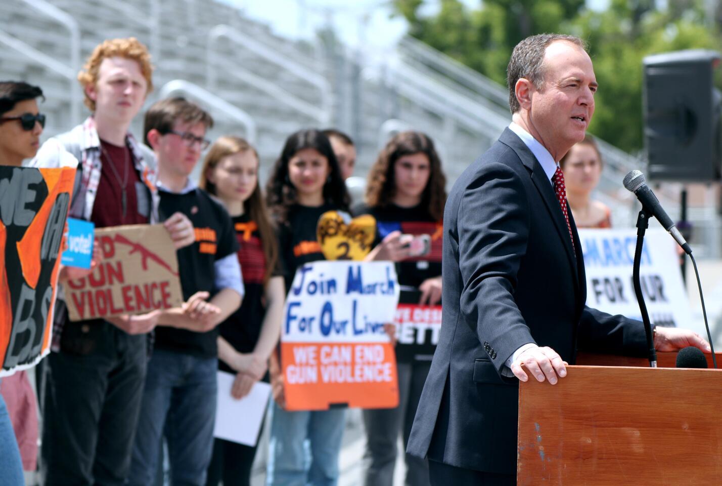 Congressman Adam Schiff speaks at rally against gun violence at Burroughs High School, in Burbank on Friday, April 19, 2019. The rally was held by the Burroughs Students Against Gun Violence Club.