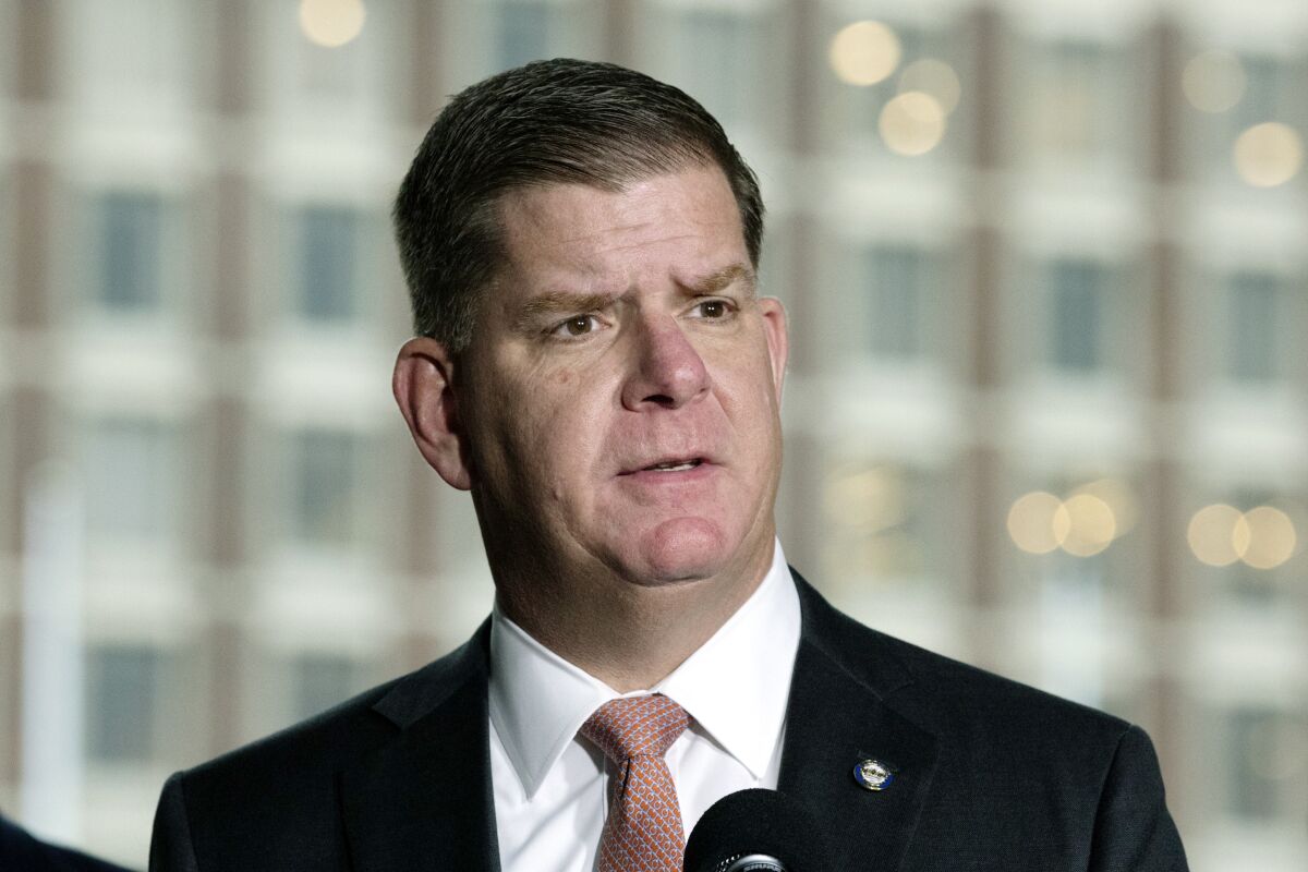 Boston Mayor Marty Walsh speaks into a microphone at a March news conference.