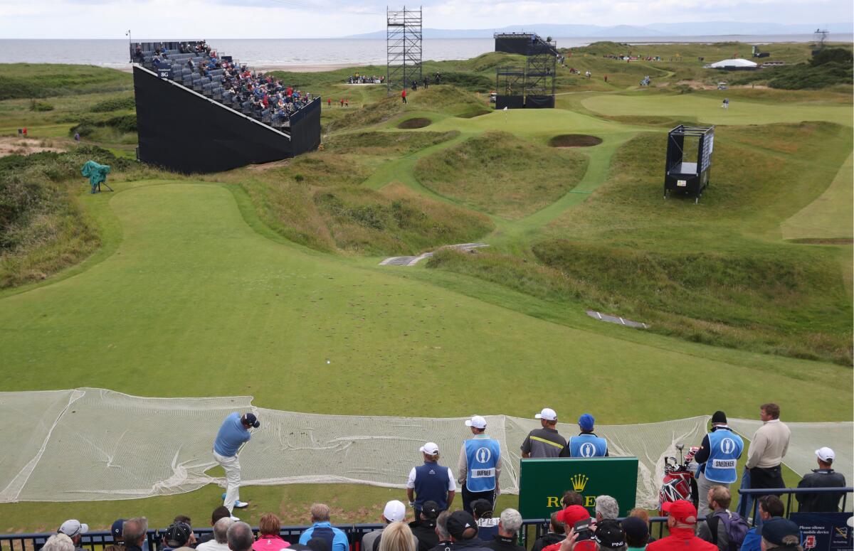 Jason Dufner hits off the tee at No. 8 at Royal Troon, a hole known as the Postage Stamp, during a British Open practice round.