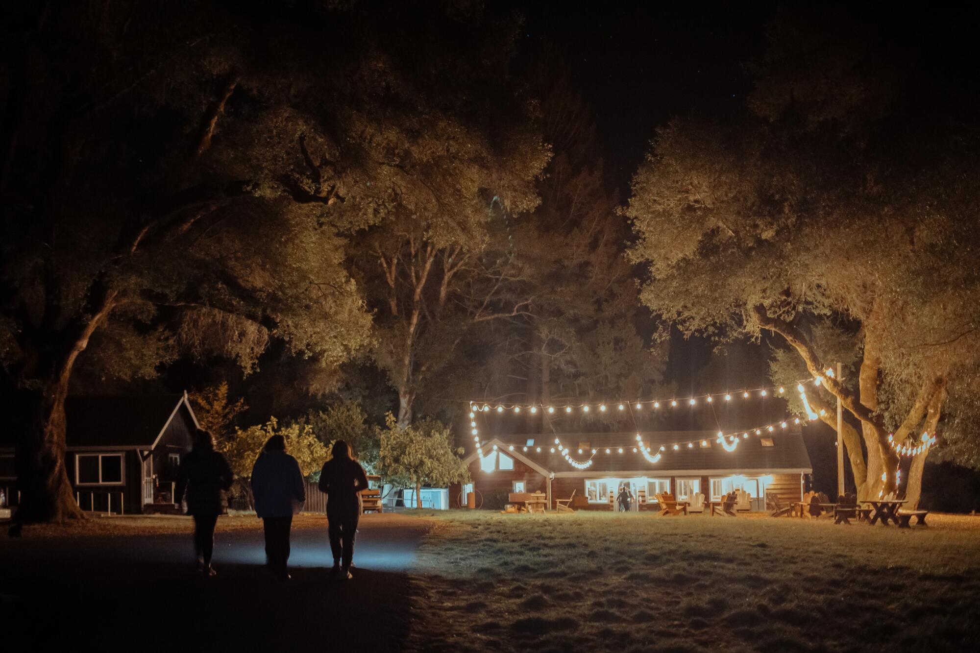 Silhouettes of people walking toward a lit-up cabin at night.