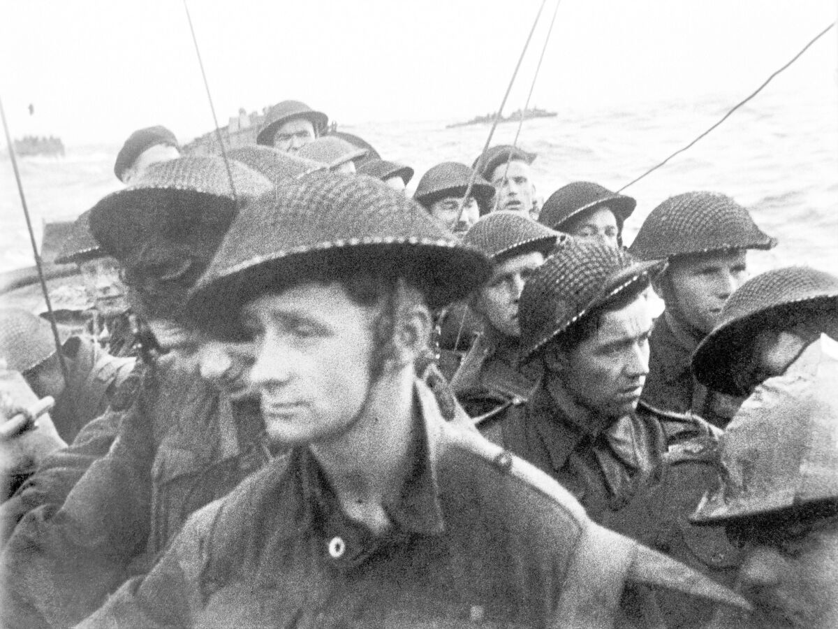 A film still from the D-Day landings shows commandos aboard a landing craft on their approach to Sword Beach on June 6, 1944.