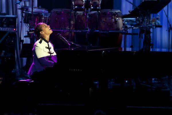 Alicia Keys gives a moving tribute to Houston during the Clive Davis pre-Grammy party at the Beverly Hilton on Saturday.