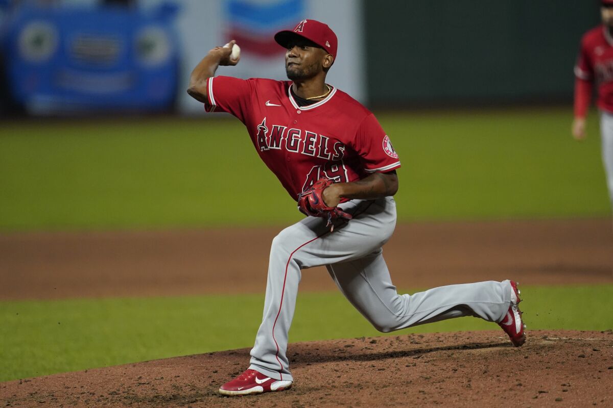 The Angels' Julio Teheran pitches against the San Francisco Giants on Aug. 20, 2020.